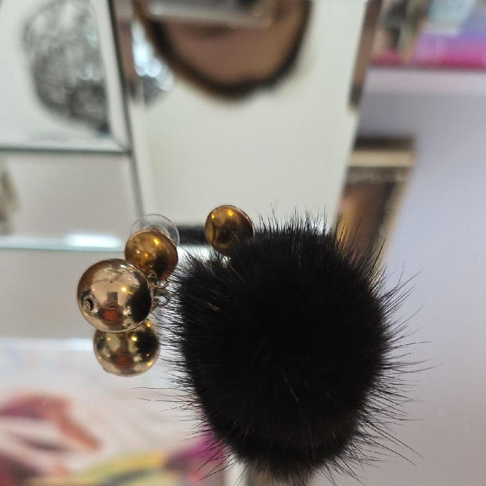 Black Faux-Fur Pom Keychain with Gold Accent Beads